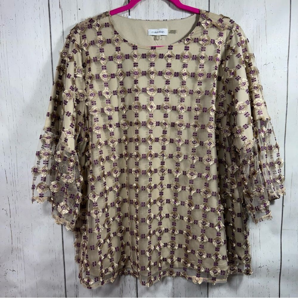 Calvin Klein Womens Embroidered Mesh Top Blouse 3/4 Bell Sleeves Flowy Gold Boho